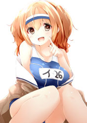 Rule 34 | 10s, :d, bad id, bad pixiv id, breasts, brown eyes, finger to mouth, hairband, highres, i-26 (kancolle), kantai collection, knees together feet apart, large breasts, light brown hair, long hair, looking at viewer, new school swimsuit, off shoulder, one-piece swimsuit, open mouth, sailor collar, school swimsuit, shiso azuki, short sleeves, sitting, smile, solo, swimsuit, two-tone hairband, two side up, white background