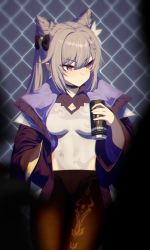 Rule 34 | 1girl, black jacket, black shorts, blurry, blush, braid, breasts, brown hair, brown pantyhose, can, closed mouth, commentary request, cone hair bun, depth of field, dev (dev0614), energy drink, genshin impact, hair between eyes, hair bun, highres, holding, holding can, jacket, keqing (genshin impact), pantyhose under shorts, long hair, long sleeves, looking away, looking to the side, medium breasts, monster energy, open clothes, open jacket, pantyhose, red eyes, shirt, short shorts, shorts, solo, v-shaped eyebrows, white shirt, wide sleeves