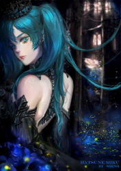 Rule 34 | 1girl, alternate costume, artist name, black dress, blue eyes, blue flower, blue hair, blue rose, blurry, character name, closed mouth, crown, depth of field, detached sleeves, dress, eyelashes, flower, from behind, hatsune miku, highres, jewelry, light particles, lipstick, long hair, looking back, makeup, matching hair/eyes, rose, shenq, solo, twintails, upper body, vocaloid
