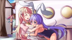 Rule 34 | 3girls, animal ears, bare legs, bare shoulders, barefoot, bikini, bikini top only, blonde hair, blue eyes, blush, breast pillow, breasts, cleavage, closed eyes, covering own mouth, detached collar, dress, erina (rabi-ribi), fairy, fairy wings, fake animal ears, game cg, hug, leaning forward, leotard, long hair, medium breasts, mini person, minigirl, miniskirt, multiple girls, official art, pink hair, playboy bunny, pointy ears, purple eyes, purple hair, rabbit ears, rabi-ribi, ribbon (rabi-ribi), rumi (rabi ribi), saiste, sideboob, skirt, small breasts, smile, swimsuit, tail, tears, twintails, very long hair, wings