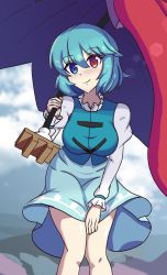 Rule 34 | 1girl, aohadapeach, blue eyes, blue hair, blue skirt, blue vest, breasts, closed mouth, cloud, cross-laced clothes, heterochromia, highres, holding, holding umbrella, large breasts, leaning forward, looking at viewer, outdoors, purple umbrella, red eyes, shirt, skirt, smile, solo, standing, tatara kogasa, tongue, touhou, umbrella, vest, white shirt