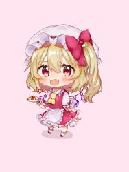 Rule 34 | 1girl, ascot, blonde hair, blush, bow, chibi, crystal, dessert, embodiment of scarlet devil, fang, flandre scarlet, food, hat, hat ribbon, long hair, looking at viewer, medium hair, mob cap, nano (nazuna0512), one side up, open mouth, pink background, puffy sleeves, red eyes, red skirt, red vest, ribbon, shirt, short sleeves, skirt, smile, solo, touhou, vest, white shirt, wings