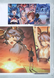 Rule 34 | 10s, 1boy, 3girls, absurdres, animal ears, blonde hair, blue eyes, blue hair, bridal gauntlets, brown eyes, brown hair, collarbone, crying, erune, ferry (granblue fantasy), gauntlets, gran (granblue fantasy), granblue fantasy, hair ornament, highres, holding, io (granblue fantasy), long hair, lyria (granblue fantasy), minaba hideo, multiple girls, non-web source, official art, open mouth, scan, skirt, sleeveless, staff, sunset, tears, twintails, vyrn (granblue fantasy)