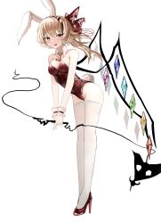 Rule 34 | 1girl, absurdres, animal ear hairband, animal ears, ass, blonde hair, blush, collarbone, crystal, detached collar, fake animal ears, fake tail, flandre scarlet, full body, high heels, highres, laevatein (touhou), leotard, long hair, open mouth, ougiikun, rabbit ear hairband, rabbit ears, rabbit tail, red eyes, red footwear, red leotard, smile, solo, strapless, strapless leotard, tail, thighhighs, touhou, white thighhighs, wings, wrist cuffs