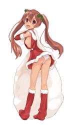Rule 34 | 10s, 1girl, :d, ashiya hiro, ass, breasts, brown eyes, brown hair, christmas, dark-skinned female, dark skin, dress, hat, highres, holly, kantai collection, libeccio (kancolle), long hair, looking at viewer, matching hair/eyes, mistletoe, open mouth, panties, pantyshot, red dress, sack, santa costume, santa hat, sideboob, simple background, small breasts, smile, solo, standing, tan, twintails, underwear, white background, white panties
