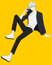 Rule 34 | 1boy, absurdres, alfi (tok), bad id, bad pixiv id, black jacket, black pants, book, closed mouth, commentary, expressionless, full body, glasses, highres, holding, holding book, jacket, long sleeves, looking at viewer, male focus, original, pants, shirt, short hair, simple background, sleeve rolled up, solo, very short hair, white footwear, white hair, white shirt, yellow background