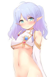Rule 34 | 1girl, ahoge, bare shoulders, blue hair, blush, bottomless, braid, breasts, character request, closed mouth, crop top, elf, gradient hair, green eyes, groin, hair between eyes, highres, iris mysteria!, long sleeves, medium breasts, multicolored hair, navel, out-of-frame censoring, pointy ears, purple hair, simple background, smile, solo, two side up, underboob, white background, yuu (yumezakura)