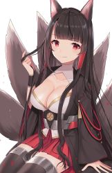 Rule 34 | 1girl, akagi (azur lane), animal ears, azur lane, bad id, bad pixiv id, black hair, black kimono, black thighhighs, blunt bangs, blush, breasts, cleavage, closed mouth, collarbone, fox ears, fox tail, hakama, hakama short skirt, hakama skirt, highres, izumo neru, japanese clothes, kimono, kitsune, large breasts, legs together, long hair, looking at viewer, miniskirt, multiple tails, open clothes, open kimono, pleated skirt, red eyes, red skirt, simple background, sitting, skirt, smile, solo, tail, thighhighs, very long hair, white background, wide sleeves