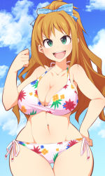 Rule 34 | &gt;:d, 10s, 1girl, :d, bad id, bad pixiv id, bare shoulders, bikini, breasts, brown hair, cleavage, clenched hand, cloud, curvy, day, eyebrows, eyelashes, green eyes, groin, hair ornament, hino akane (idolmaster), idolmaster, idolmaster cinderella girls, large breasts, long hair, looking at viewer, navel, open mouth, print bikini, side-tie bikini bottom, sky, smile, smirk, solo, swimsuit, teeth, thigh gap, thighs, uccow, v-shaped eyebrows, wide hips