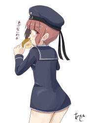Rule 34 | 1girl, akashieru, ass, back, black dress, black sailor collar, brown eyes, clothes writing, doughnut, dress, eating, food, food on face, hat, highres, holding, holding food, kantai collection, looking at viewer, looking back, peaked cap, red hair, sailor collar, sailor dress, sailor hat, short hair, signature, simple background, solo, white background, z3 max schultz (kancolle)