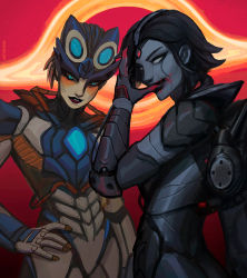 Rule 34 | 2girls, absurdres, apex legends, biotic luminary horizon, black hair, blood, blood on face, blood on hands, blue eyes, blush, brown hair, commentary, dark matter horizon, dual persona, english commentary, grey eyes, hair behind ear, hand on own hip, helmet, highres, horizon (apex legends), looking at viewer, multiple girls, official alternate costume, parted lips, peter chai, short hair, solid eyes, spacesuit