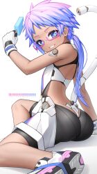 Rule 34 | 1girl, absurdres, ass, back, bare shoulders, bike shorts, blue eyes, blue hair, blush, cable, cable tail, check copyright, copyright request, dark-skinned female, dark skin, food, glasses, gloves, gradient hair, highres, holding, holding food, holding popsicle, long hair, looking at viewer, looking back, mechanical tail, mitsukuni, multicolored hair, original, pink-framed eyewear, pink hair, ponytail, popsicle, shoes, sitting, smile, sneakers, solo, tail, two-tone hair, white background