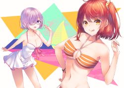 Rule 34 | 2girls, :d, :q, absurdres, bad id, bad pixiv id, bare arms, bare shoulders, bikini, black-framed eyewear, blush, bracelet, breasts, brown eyes, cleavage, closed mouth, collarbone, commentary request, dress, dress swimsuit, fate/grand order, fate (series), fingernails, fujimaru ritsuka (female), fujimaru ritsuka (female) (brilliant summer), glasses, hair between eyes, hair over one eye, halterneck, hand on own hip, hand up, highres, jewelry, large breasts, looking at viewer, mash kyrielight, mash kyrielight (swimsuit of perpetual summer), multiple girls, navel, o-ring, o-ring bikini, o-ring top, official alternate costume, open mouth, orange bikini, purple eyes, purple hair, red hair, smile, striped bikini, striped clothes, swimsuit, tongue, tongue out, wakuta chisaki, white dress