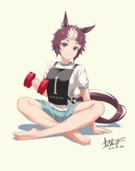 Rule 34 | 1girl, animal ears, bare legs, barefoot, blue shorts, breasts, brown eyes, brown hair, closed mouth, dated, dumbbell, ear piercing, exercising, highres, horse ears, horse girl, horse tail, indian style, kagami (haret46), mejiro ryan (umamusume), multicolored hair, piercing, race bib, shadow, shirt, short hair, short sleeves, shorts, signature, simple background, sitting, small breasts, smile, solo, tail, two-tone hair, umamusume, weightlifting, white shirt