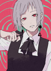 1girl absurdres black_bow black_bowtie bow bowtie chainsaw_man collared_shirt earrings fami_(chainsaw_man) fourth_east_high_school_uniform grey_hair highres jewelry looking_at_viewer mole mole_under_eye mole_under_mouth multiple_moles parted_lips pink_background pink_eyes ringed_eyes school_uniform shirt short_hair solo tian_zhu2357 triangle_earrings upper_body white_shirt