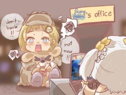 Rule 34 | &gt; &lt;, blonde hair, blue eyes, blurry, bubba (watson amelia), computer, d:, dog, fernroreo, gawr gura, hair ornament, hat, highres, hololive, hololive english, jacket, laptop, open mouth, sign, signature, speech bubble, toga, virtual youtuber, watson amelia, white hair