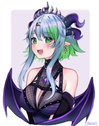Rule 34 | 1girl, apricot the lich, apricot the lich (1st costume), aqua eyes, aqua hair, artist name, bat wings, breasts, cleavage, cleavage cutout, clothing cutout, highres, jewelry, lich, smile, solo, virtual youtuber, vshojo, wings, yuniiho