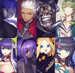 Rule 34 | 3boys, 5girls, abigail williams (fate), archer (fate), assassin (fate/zero), beard, black hair, black skin, blonde hair, bow, breasts, christopher columbus (fate), cleavage, colored skin, dark-skinned female, dark-skinned male, dark skin, david (fate), evil grin, evil smile, facial hair, fate/grand order, fate (series), female assassin (fate/zero), frown, green hair, grey hair, grin, hairband, hassan of serenity (fate), hat, highres, large breasts, long hair, martha (fate), mask, melon22, multiple boys, multiple girls, purple hair, smile, sparkling eyes, sweatdrop, tentacles, utsumi erice, white hair