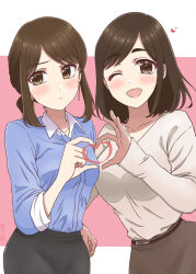 Rule 34 | 2girls, ;d, blue shirt, blush, breasts, brown eyes, brown hair, collarbone, collared shirt, commentary request, douki-chan (douki-chan), earrings, ganbare douki-chan, heart, heart hands, heart hands duo, heart in heart hands, highres, jewelry, kouhai-chan (douki-chan), large breasts, looking at viewer, looking to the side, medium breasts, medium hair, multiple girls, office lady, one eye closed, open mouth, pink background, ponytail, saki (pixiv68210903), shirt, side-by-side, sidelocks, skirt, smile, swept bangs, upper body, white background