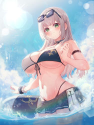 Rule 34 | 1girl, absurdres, arm strap, bikini, blue bikini, blue skirt, blue sky, blush, breasts, cleavage, closed mouth, cloud, cowboy shot, day, eyewear on head, front-tie top, green eyes, grey hair, highres, hololive, huge breasts, large breasts, long hair, looking at viewer, miniskirt, ocean, outdoors, pleated skirt, shirogane noel, shirogane noel (summer 2020), skirt, sky, smile, solo, standing, string bikini, sunglasses, swimsuit, tang-du, underboob, v-shaped eyebrows, virtual youtuber, wading, water, white bikini