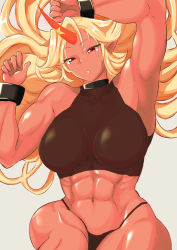 Rule 34 | 1girl, abs, absurdres, alternate costume, alternate skin color, arm up, armpits, black panties, black sports bra, blonde hair, breasts, commentary request, cowboy shot, cuffs, fugaku (miko no miyatsuguchi), grey background, highres, horns, hoshiguma yuugi, large breasts, long hair, looking at viewer, muscular, muscular female, open mouth, panties, pointy ears, red eyes, simple background, single horn, solo, sports bra, tan, touhou, underwear