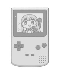 Rule 34 | 1girl, puff of air, bb (fate), bb (fate/extra), blush, breasts, chan co, chibi, coat, fate/extra, fate/extra ccc, fate/grand order, fate (series), game boy, game boy (original), gloves, greyscale, handheld game console, long hair, long sleeves, monochrome, open mouth, pun, ribbon, simple background