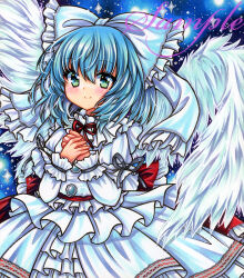 Rule 34 | 1girl, black ribbon, blue eyes, blue hair, bow, closed mouth, cowboy shot, dress, embellished costume, feathered wings, frilled bow, frilled dress, frills, hair bow, long sleeves, looking at viewer, mai (touhou), marker (medium), medium hair, neck ribbon, own hands together, red ribbon, ribbon, rui (sugar3), sample watermark, smile, solo, standing, touhou, touhou (pc-98), traditional media, watermark, white bow, white dress, white wings, wings