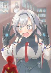Rule 34 | 1girl, against glass, azur lane, bare shoulders, blurry, blush, breast press, breasts, breasts on glass, commentary request, depth of field, figure, gloves, grey hair, hair between eyes, hairband, highres, iron man, kitayas, large breasts, open mouth, purple eyes, reno (azur lane), short hair, skirt, smile, solo