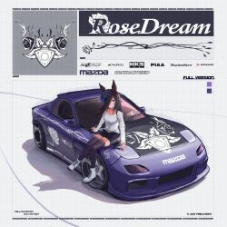 Rule 34 | 1girl, alternate costume, animal ears, black skirt, black thighhighs, boots, border, brown hair, car, closed mouth, commentary, english text, full body, highres, long hair, looking at viewer, mazda, mazda rx-7, mazda rx-7 fd, motor vehicle, on vehicle, pencil skirt, purple car, purple eyes, purple headwear, rice shower (umamusume), run rotary, shirt, simple background, sitting on car, skirt, solo, thighhighs, tilted headwear, umamusume, vehicle focus, white background, white footwear, white shirt