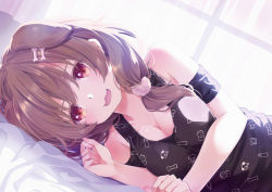 Rule 34 | 1girl, 54hao, :3, :d, animal ears, bare shoulders, bed sheet, black dress, blush, bone hair ornament, breasts, brown hair, cartoon bone, cleavage, clothing cutout, dog ears, dress, dutch angle, hair between eyes, hair ornament, hand up, highres, hololive, inugami korone, inugami korone (loungewear), long hair, lying, medium breasts, on side, open mouth, red eyes, shoulder cutout, smile, solo, upper body, virtual youtuber, window
