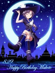 Rule 34 | 1girl, boots, choker, elbow gloves, gloves, hand on own hip, hat, hat feather, high heel boots, high heels, highres, idol, idolmaster, idolmaster (classic), jewelry, kikuchi makoto, moon, necklace, on crescent, one eye closed, outsider 0, single elbow glove, sitting, sitting on moon, smile