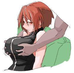 Rule 34 | 1girl, blush, breasts, brown hair, grabbing, grabbing from behind, large breasts, original, out of frame, red eyes, rizucchi (tekkei), short hair, sleeveless, solo focus, tekkei (teckei)