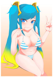 Rule 34 | artist request, bikini, blue eyes, blue hair, blush, breasts, cleavage, highres, large breasts, league of legends, looking at viewer, navel, sona (league of legends), striped bikini, striped clothes, swimsuit, twintails, v