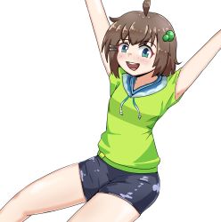 Rule 34 | 1girl, absurdres, ahoge, armpits, arms up, blue eyes, blue hood, blue legwear, blue shorts, blush, brown hair, child, cloud, cloud pattern, feet out of frame, female focus, freckles, gradient eyes, green eyes, green hair ornament, green shirt, hair between eyes, hair ornament, hairclip, hands out of frame, highres, hood, hooded shirt, hoodie, indie virtual youtuber, indoors, legs, legs apart, lily hopkins, looking at viewer, medium hair, messy hair, multicolored eyes, neck, nose, open mouth, shiny clothes, shiny skin, shirt, shorts, simple background, smile, solo, striped clothes, striped hood, striped hoodie, t-shirt, teeth, thighs, tongue, upper teeth only, white stripes, yurichanchannel