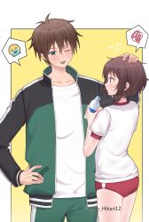 1boy 1girl ;d absurdres ai-nohikari alternate_costume artist_name black_jacket border bottle brown_hair buruma commentary cowboy_shot crying face-to-face frown green_eyes green_jacket green_pants gym_uniform hand_on_another&#039;s_head happy headpat height_difference highres holding holding_bottle jacket kono_subarashii_sekai_ni_shukufuku_wo! light_blush looking_at_another megumin messy_hair multicolored_clothes multicolored_jacket one_eye_closed open_clothes open_jacket open_mouth pants red_buruma red_eyes red_trim romaji_text satou_kazuma shirt short_hair short_hair_with_long_locks sidelocks single_vertical_stripe smile speech_bubble spoken_emoji spoken_squiggle squiggle streaming_tears t-shirt tears track_jacket track_pants translated two-tone_jacket water_bottle white_border white_shirt yellow_background