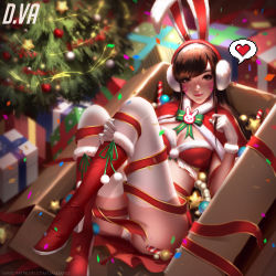 Rule 34 | 1girl, animal ears, bikini, bikini top only, boots, box, capelet, christmas, christmas tree, d.va (overwatch), earmuffs, facial mark, fur trim, gift, gift box, gloves, heart, in box, in container, liang xing, looking at viewer, lying, on back, overwatch, overwatch 1, rabbit ears, santa costume, solo, spoken heart, swimsuit, thighhighs, watermark, web address, whisker markings