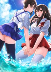 Rule 34 | 10s, 2girls, akagi (kancolle), bad id, bad pixiv id, black legwear, blue skirt, blush, brown hair, cloud, eye contact, female focus, from above, fukuroumori, gradient background, hair between eyes, happy, highres, holding hands, japanese clothes, kaga (kancolle), kantai collection, legs, long hair, looking at another, multiple girls, open mouth, partially submerged, red skirt, short hair, short sleeves, side ponytail, skirt, sky, sleeves rolled up, smile, tasuki, thighhighs, v arms, wading, water, white legwear, yellow eyes, yuri