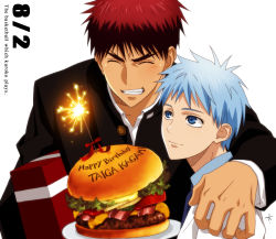 Rule 34 | 2boys, arm around shoulder, bad id, bad pixiv id, blue eyes, blue hair, burger, character name, closed eyes, dated, fireworks, food, gift, happy birthday, kagami taiga, kuroko no basuke, kuroko tetsuya, male focus, multiple boys, official style, plate, red hair, simple background, smile, sparkler, upper body, white background, yaoi, yk99