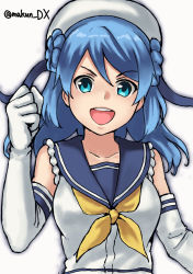 Rule 34 | 1girl, blue eyes, blue hair, blue sailor collar, clenched hand, double bun, hair bun, hat, kantai collection, looking at viewer, maakun (makun dx), medium hair, neckerchief, one-hour drawing challenge, pleated skirt, sailor collar, sailor hat, school uniform, serafuku, simple background, skirt, sleeves rolled up, solo, twitter username, upper body, urakaze (kancolle), white background, yellow neckerchief