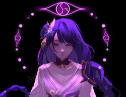 Rule 34 | 06znj, 1girl, absurdres, armor, black background, braid, breasts, cleavage, closed mouth, commentary, english commentary, eye focus, flower, genshin impact, hair ornament, highres, japanese clothes, kimono, long hair, looking at viewer, medium breasts, mole, mole under eye, purple eyes, purple flower, purple hair, raiden shogun, ribbon, sash, shoulder armor, simple background, sketch, solo