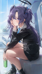 Rule 34 | 1girl, absurdres, bare legs, black footwear, black jacket, black skirt, black socks, blazer, blue archive, breasts, can, cheek rest, collared shirt, frown, halo, hand up, highres, holding, holding can, id card, jacket, kerno, legs, long hair, long sleeves, looking at viewer, medium breasts, miniskirt, necktie, parted bangs, pleated skirt, purple eyes, purple hair, school uniform, shirt, shoes, sitting, skirt, socks, solo, thighs, two side up, v-shaped eyebrows, yuuka (blue archive)