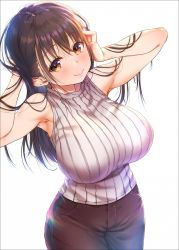 Rule 34 | 1girl, arms up, black hair, blush, breasts, brown eyes, highres, large breasts, long hair, looking at viewer, nanase meruchi, original, simple background, sleeveless, smile, solo, white background