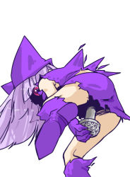 Rule 34 | 1girl, ass, boots, creatures (company), curse (pokemon), game freak, gen 1 pokemon, gengar, gloves, hat, holding, holding nail, knee boots, long hair, nail, nintendo, oversized object, personification, pokemon, pokemon move, purple hair, purple theme, red eyes, seki (red shine), sexually suggestive, shaded face, simple background, solo, spikes, white background