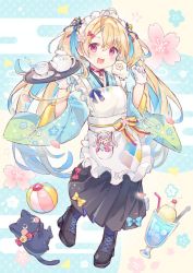 Rule 34 | 1girl, :3, :d, ahoge, animal, apron, avatar 2.0 project, ball, bendy straw, black cat, black footwear, black skirt, blonde hair, blue hair, blue kimono, blush, boots, cat, commentary request, cross-laced footwear, cup, drinking straw, egasumi, floral print, frilled apron, frills, full body, hair between eyes, high heel boots, high heels, japanese clothes, kimono, lace-up boots, long hair, long sleeves, looking at viewer, maid apron, maid headdress, minase shia, multicolored hair, open mouth, parfait, parted bangs, petals, pleated skirt, print kimono, purple eyes, saucer, sencha (senta 10), skirt, smile, solo, spoon, teacup, temari ball, twintails, two-tone hair, very long hair, virtual youtuber, waitress, white apron, wide sleeves