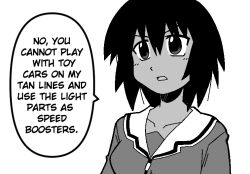 Rule 34 | 1girl, 1koma, azumanga daioh&#039;s school uniform, azumanga daiou, bacun, black hair, breasts, collarbone, comic, commentary, dark-skinned female, dark skin, english commentary, english text, flat color, greyscale, hair between eyes, kagura (azumanga daioh), large breasts, looking to the side, monochrome, open mouth, school uniform, short hair, simple background, solo, speech bubble, v-shaped eyebrows, white background