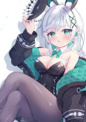 Rule 34 | 1girl, absurdres, animal ears, aqua eyes, black jacket, black leotard, blush, breasts, cleavage, crossed legs, detached collar, earphones, fake animal ears, grey hair, hair ornament, hairclip, highleg, highleg leotard, highres, jacket, large breasts, leotard, long hair, mikaze oto, mole, mole under eye, multicolored hair, neck ribbon, off shoulder, open clothes, open jacket, open mouth, original, pantyhose, playboy bunny, rabbit ears, ribbon, simple background, sitting, strapless, strapless leotard, two-tone hair, virtual youtuber, white hair, wrist cuffs, x hair ornament