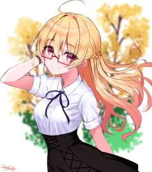 Rule 34 | 1girl, ahoge, artist name, bespectacled, black skirt, blonde hair, blush, braid, buttons, closed mouth, collarbone, french braid, glasses, hair between eyes, highres, kantai collection, long hair, purple eyes, red-framed eyewear, sazamiso rx, shirt, short sleeves, signature, skirt, smile, solo, tree, upper body, white shirt, zara (kancolle)
