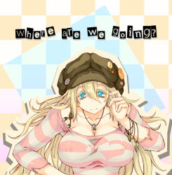 Rule 34 | 1girl, alternate costume, alternate hairstyle, anchor, bad id, bad pixiv id, badge, beanie, blonde hair, blue eyes, breasts, button badge, checkered background, cleavage, collarbone, colored eyelashes, english text, fingernails, flower-shaped pupils, green hat, hat, heart, highres, jewelry, large breasts, long hair, long sleeves, looking at viewer, multicolored eyes, necklace, no horns, off shoulder, pink eyes, puzzle &amp; dragons, ring, ring necklace, sakuya (p&amp;d), shirt, smile, solo, striped clothes, striped shirt, symbol-shaped pupils, text focus, zutta