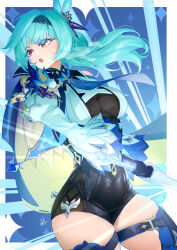 Rule 34 | 1girl, black gloves, black hairband, blue cape, blue hair, blue necktie, boots, border, breasts, cape, center opening, chest harness, clothing cutout, cowboy shot, diamond (shape), eula (genshin impact), eyes visible through hair, floating hair, genshin impact, gloves, hair ornament, hair over one eye, hairband, harness, high-waist shorts, highres, holding, holding sword, holding weapon, large breasts, light blue hair, lips, long sleeves, looking to the side, medium hair, necktie, open mouth, puffy long sleeves, puffy sleeves, see-through, see-through cutout, shorts, shoulder cutout, sidelocks, signature, solo, sparkle, sunburst, sword, thigh boots, thighs, two-sided gloves, uzda ricecake, vision (genshin impact), weapon, white border, white sleeves, wide sleeves, yellow eyes