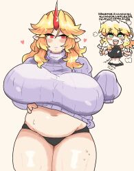 Rule 34 | 2girls, belly, black panties, blonde hair, breasts, green eyes, hand on own stomach, highres, horns, hoshiguma yuugi, large breasts, long hair, mizuhashi parsee, multiple girls, notnoe (dxcl), panties, plump, purple sweater, red eyes, red horns, single horn, steaming body, stomach, sweat, sweater, thick thighs, thighs, touhou, underwear